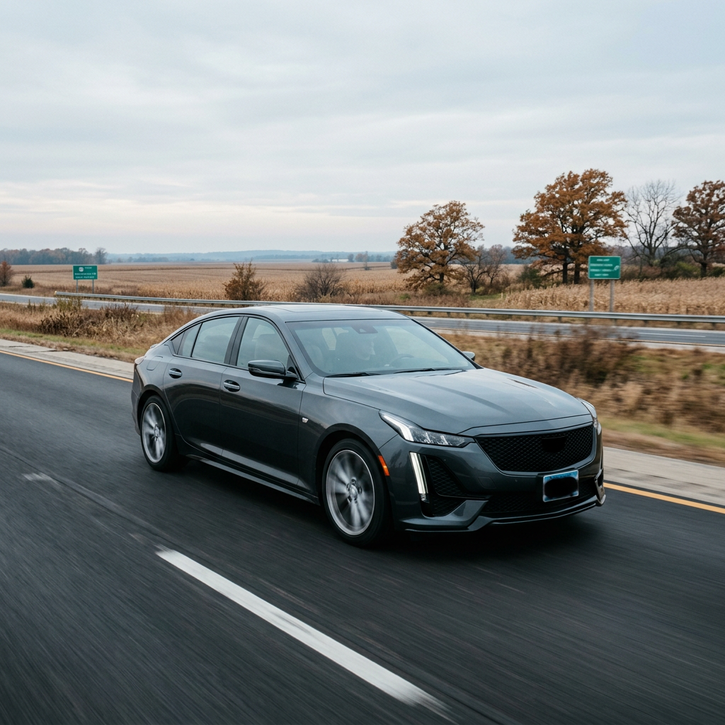 Dark grey Cadillac sedan driving down an open highway on an overcast day. (Representative image for illustration purposes only. Actual vehicle may vary based on trim and configuration.)
