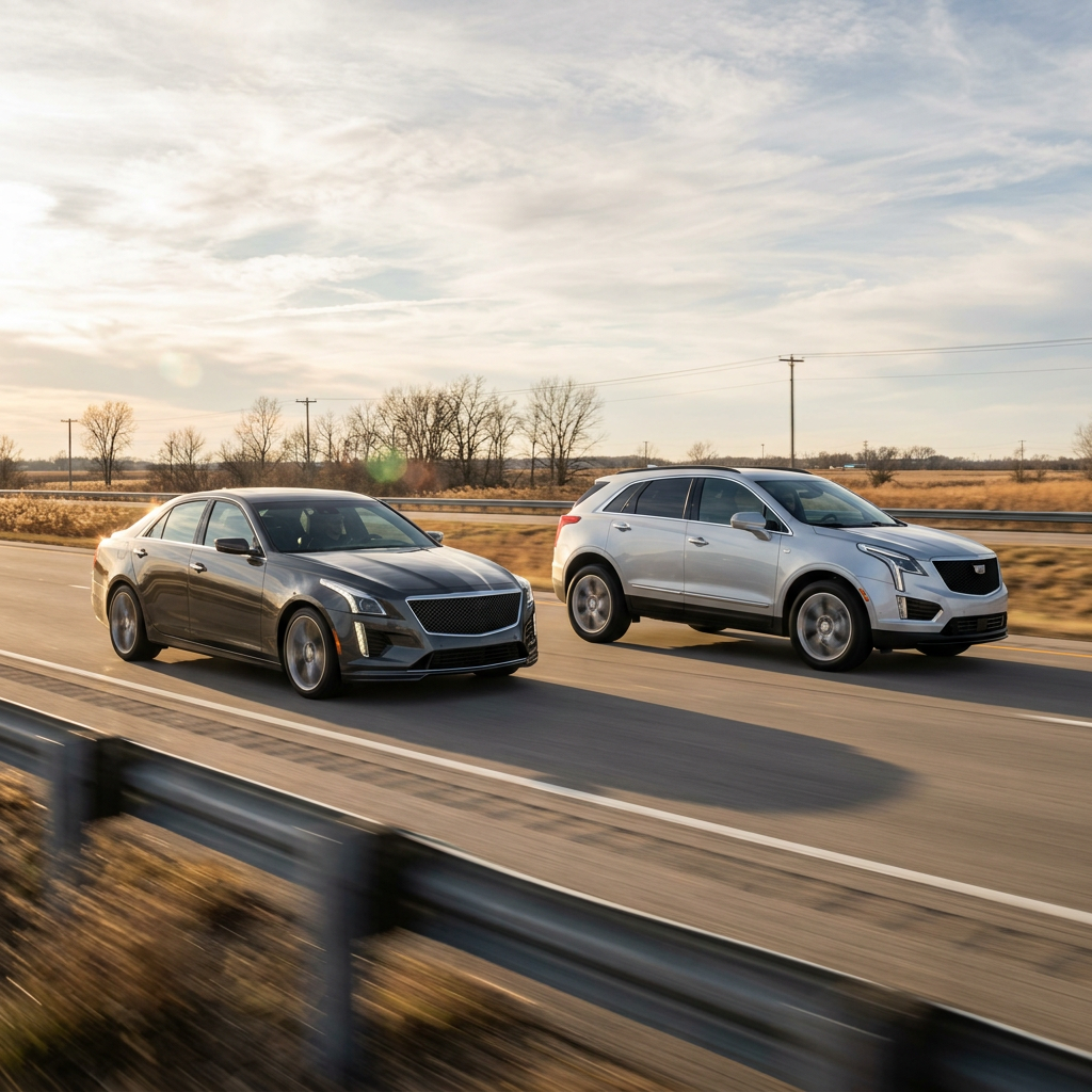 A dark gray Cadillac sedan and a silver Cadillac SUV driving side by side on an open highway at sunset. (Representative image for illustration purposes only. Actual vehicle may vary based on trim and configuration.)
