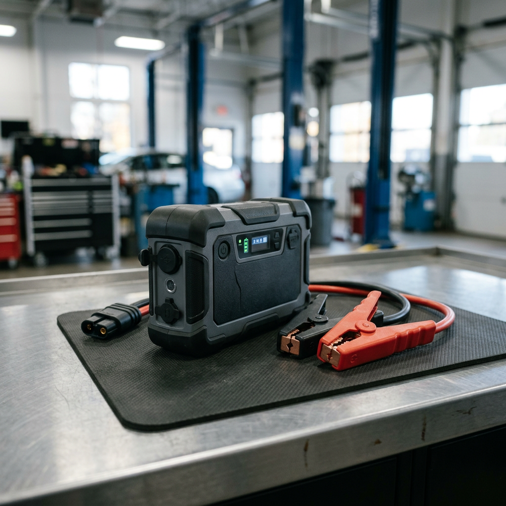 Portable battery jump starter with heavy-duty jumper clamps sitting on a metal workbench in an auto garage. (Representative image for illustration purposes only. Actual vehicle may vary based on trim and configuration.)