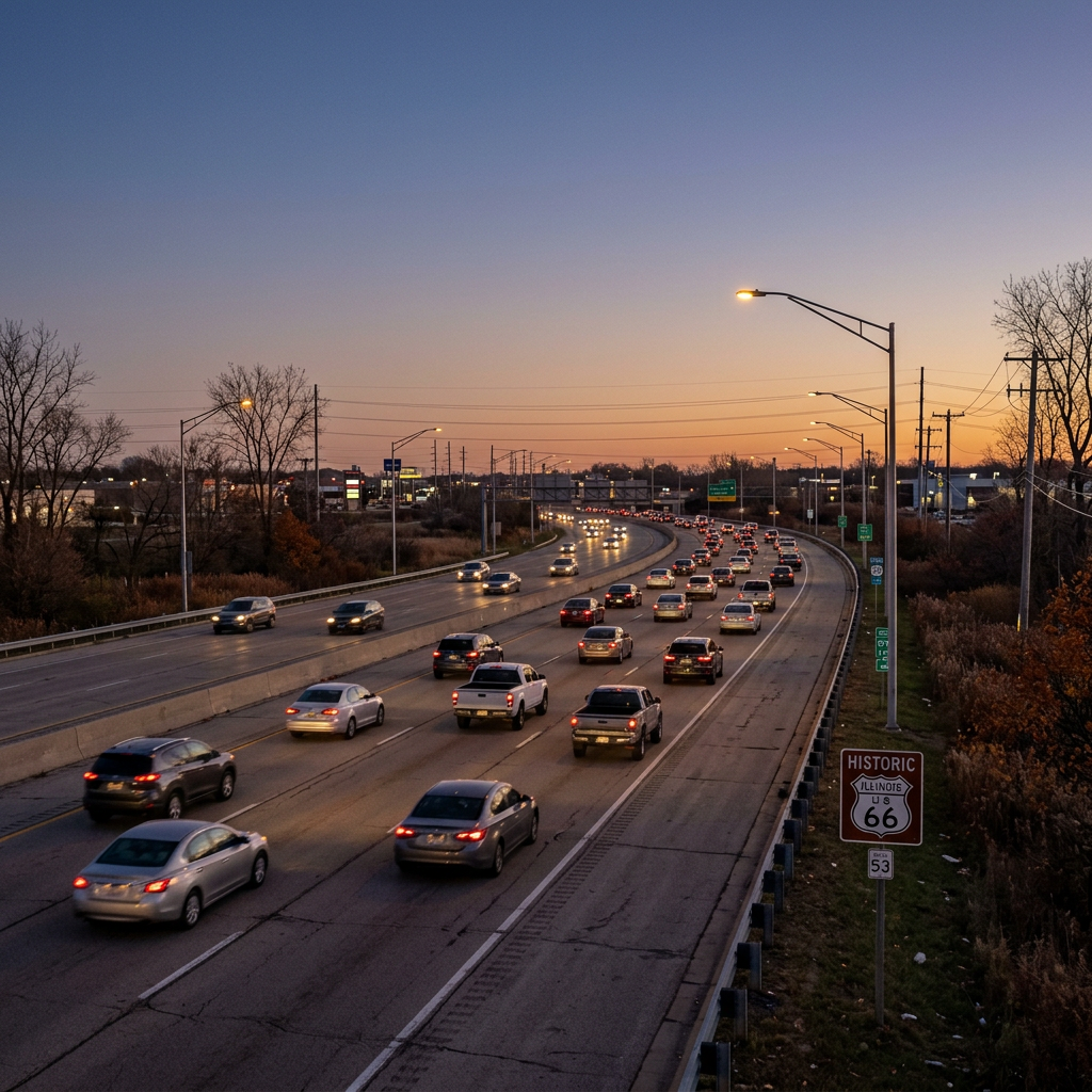 Evening traffic moving along a multi-lane highway next to a Historic Illinois US 66 sign under a twilight sky. (Representative image for illustration purposes only. Actual vehicle may vary based on trim and configuration.)