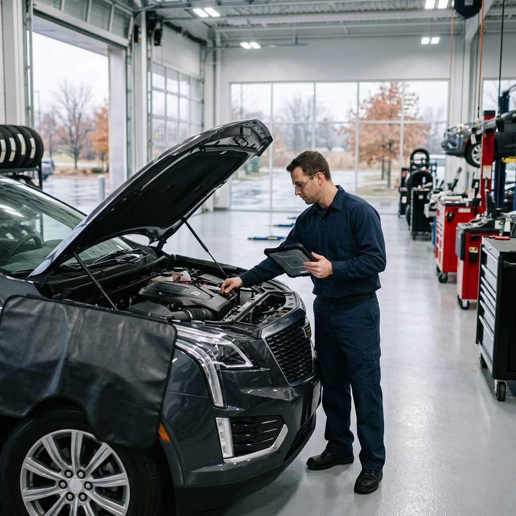 A mechanic in blue uniform uses a tablet to inspect the engine bay of a dark gray SUV inside a repair shop. (Representative image for illustration purposes only. Actual vehicle may vary based on trim and configuration.)