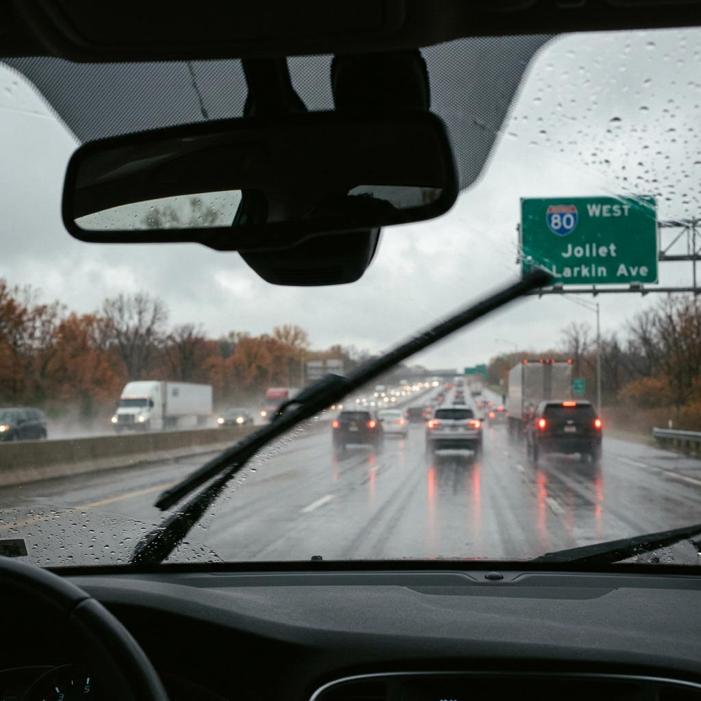 View from inside a car driving down a wet highway in rainy weather toward an Interstate 80 West exit sign. (Representative image for illustration purposes only. Actual vehicle may vary based on trim and configuration.)
