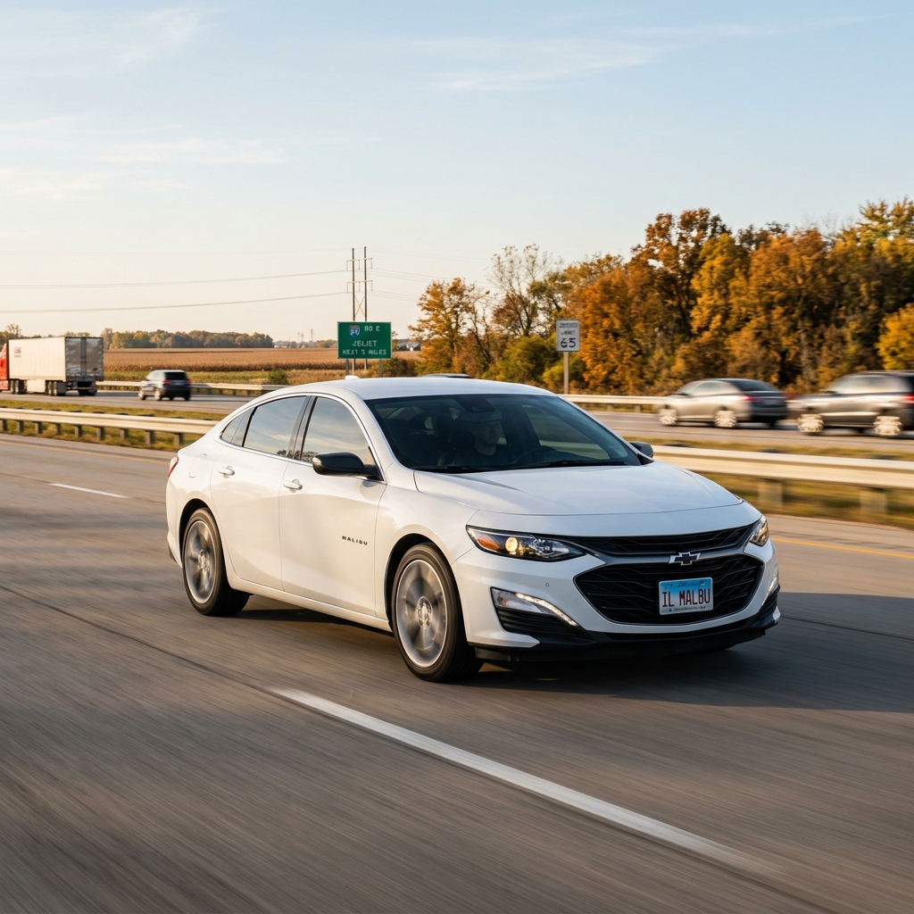 A white Chevrolet Malibu sedan driving along an open highway with autumn trees in the background. (Representative image for illustration purposes only. Actual vehicle may vary based on trim and configuration.)