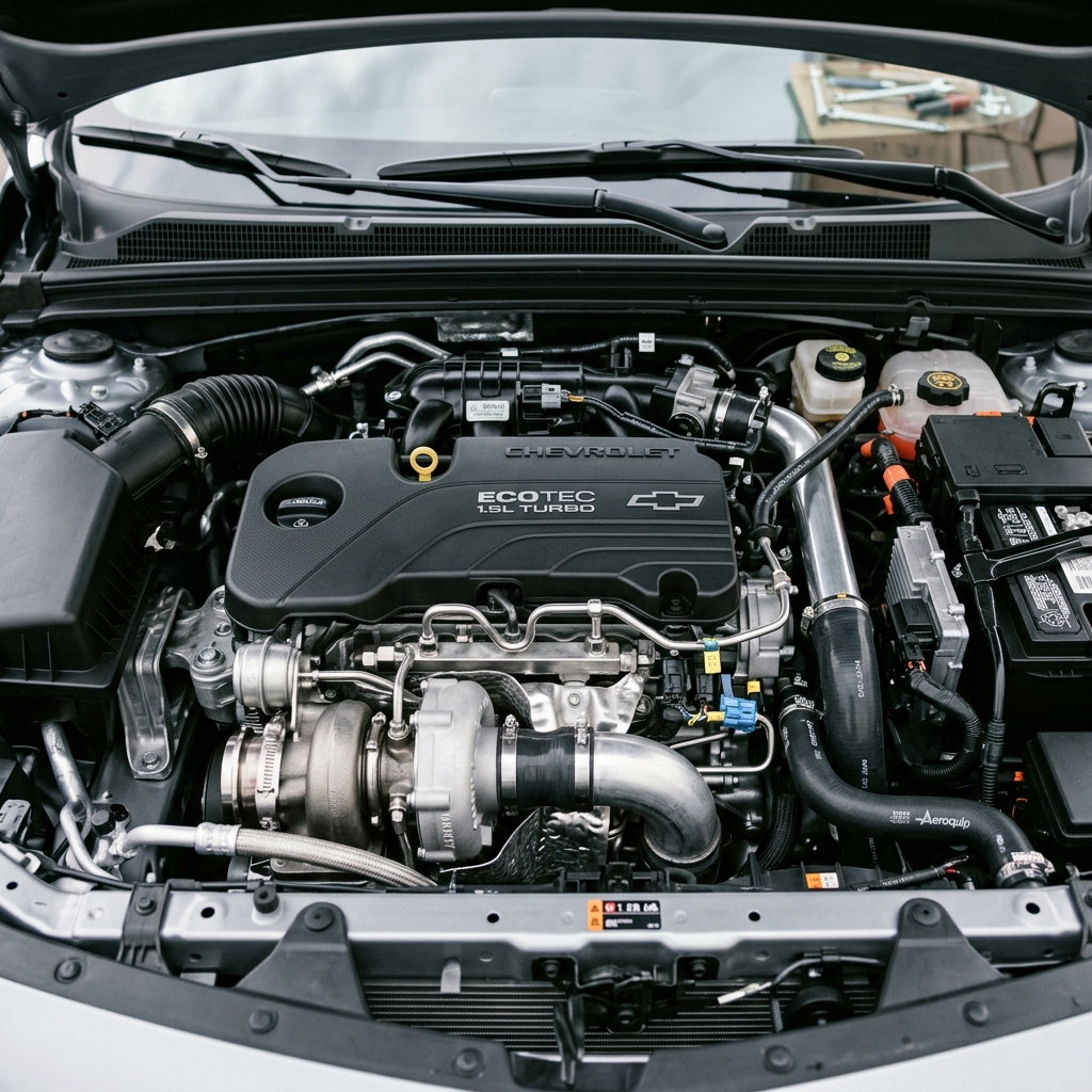 Open car hood showing a clean Chevrolet Ecotec 1.5L Turbo engine bay with intake, battery, and turbocharger components. (Representative image for illustration purposes only. Actual vehicle may vary based on trim and configuration.)