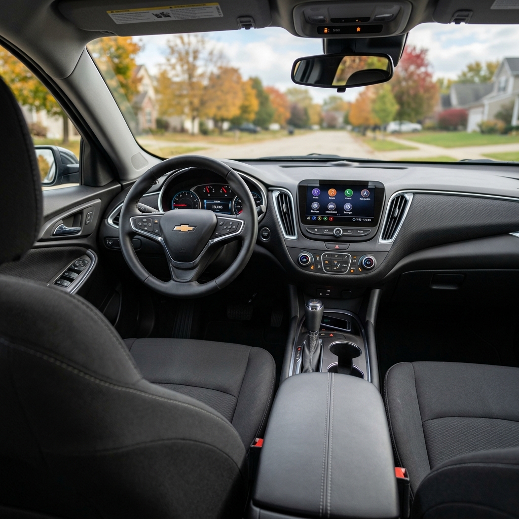Interior view of a Chevrolet car dashboard and steering wheel looking out onto a residential autumn street. (Representative image for illustration purposes only. Actual vehicle may vary based on trim and configuration.)