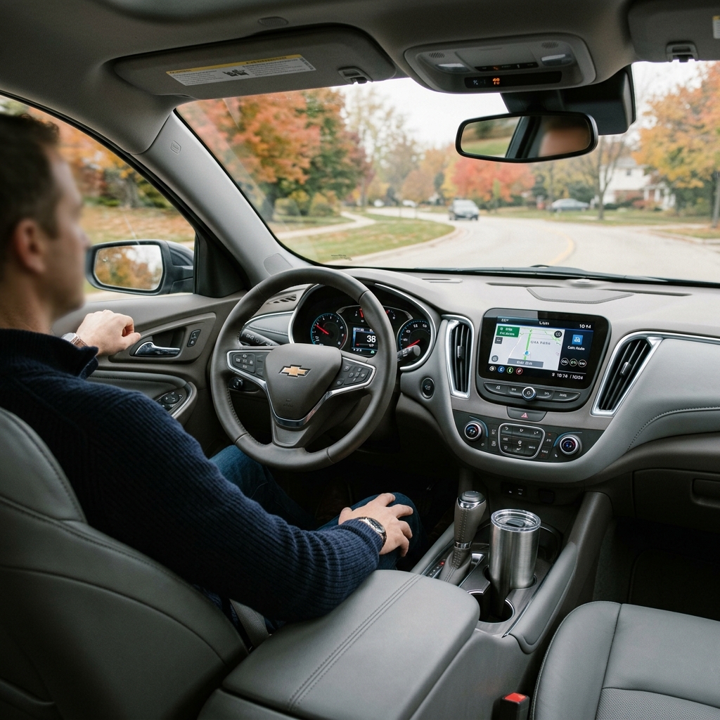 Interior view of a man driving a Chevrolet vehicle along a suburban road with colorful autumn foliage. (Representative image for illustration purposes only. Actual vehicle may vary based on trim and configuration.)