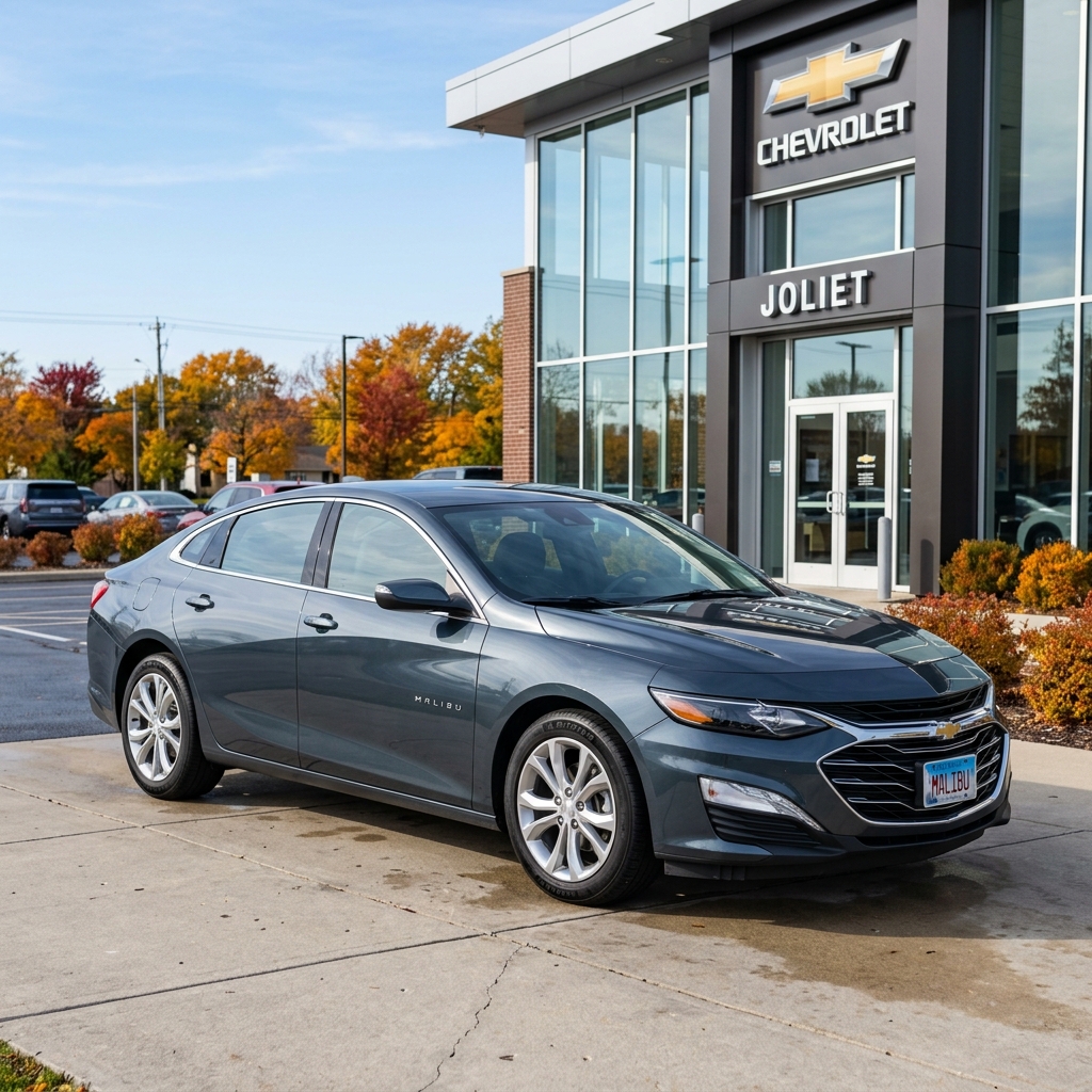 Dark metallic grey Chevrolet Malibu sedan parked outside a Chevrolet Joliet dealership on a sunny autumn day. (Representative image for illustration purposes only. Actual vehicle may vary based on trim and configuration.)