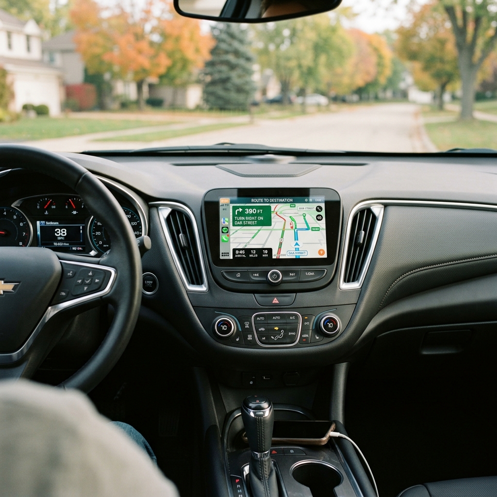 Dashboard view inside a Chevrolet car showing a GPS navigation map screen while driving through a suburban neighborhood. (Representative image for illustration purposes only. Actual vehicle may vary based on trim and configuration.)