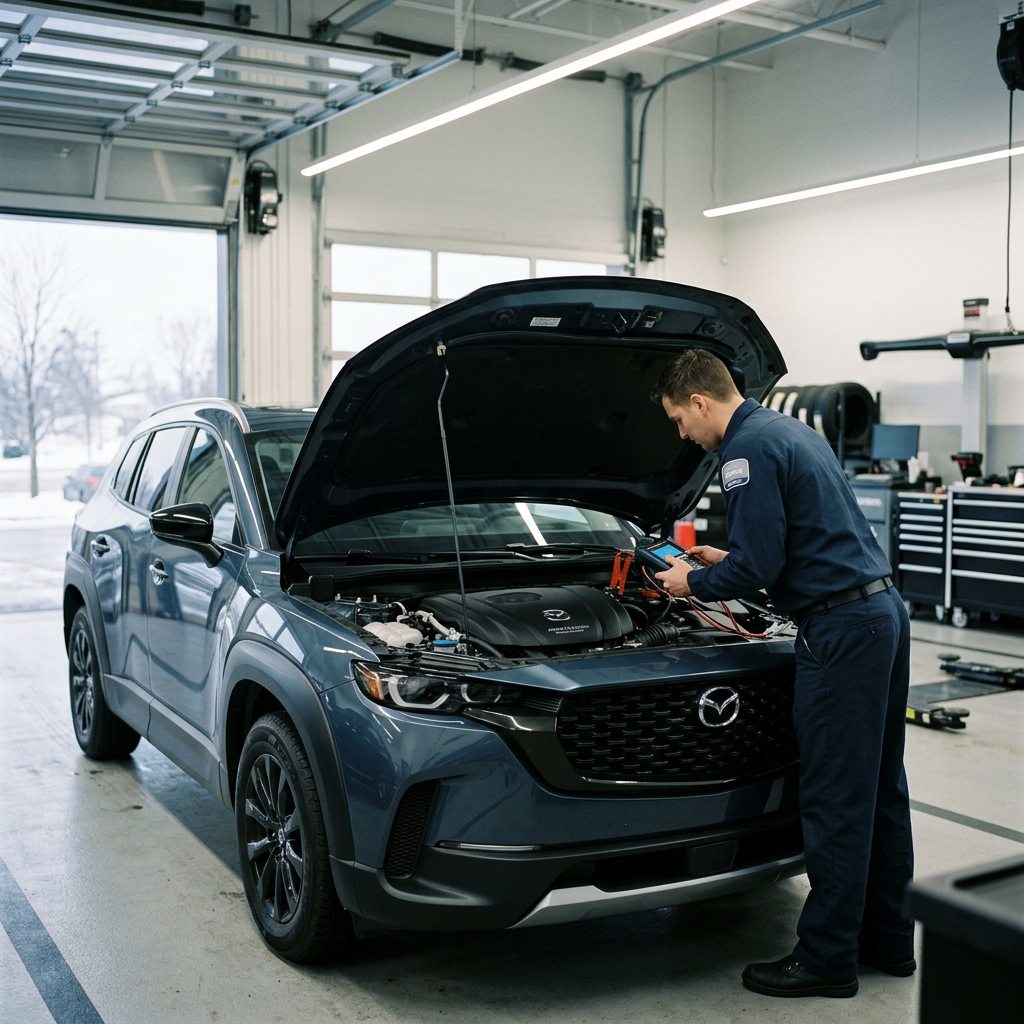 Mechanic holding a diagnostic tablet tool while inspecting an open engine bay of a dark blue Mazda SUV in a garage. (Representative image for illustration purposes only. Actual vehicle may vary based on trim and configuration.)