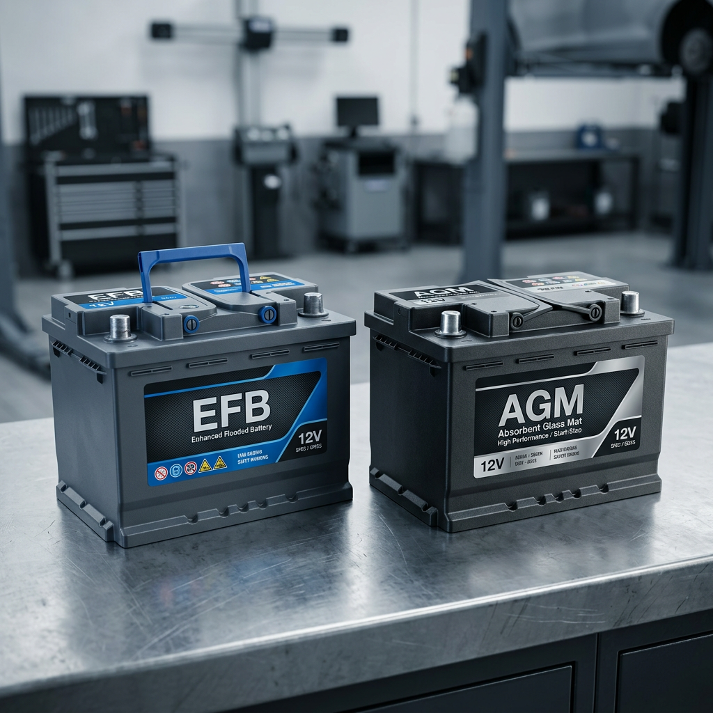 EFB and AGM 12V car batteries sitting side-by-side on a metal workbench in an auto shop. (Representative image for illustration purposes only. Actual vehicle may vary based on trim and configuration.)