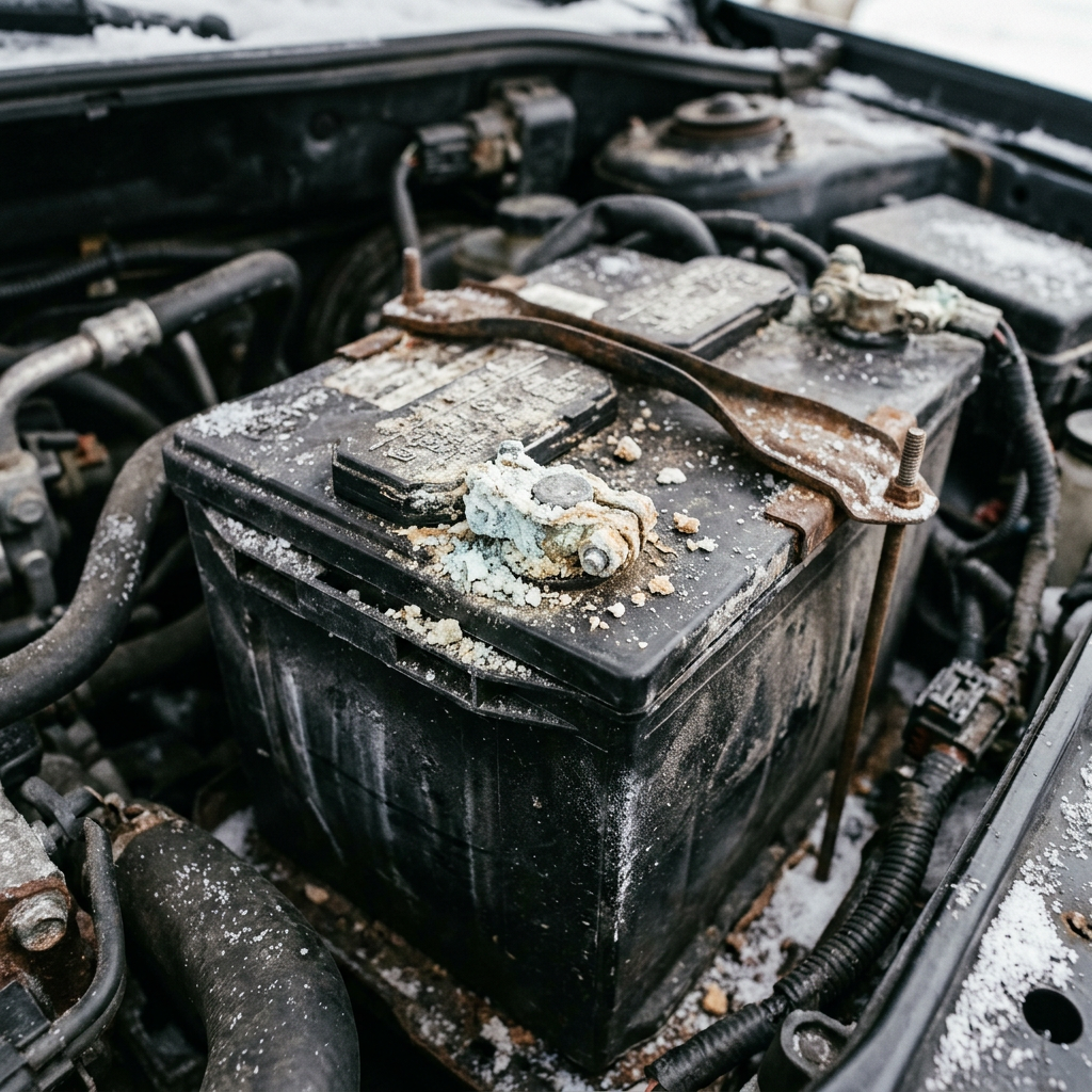 Corroded car battery terminal with white and blue crust inside a cold vehicle engine bay. (Representative image for illustration purposes only. Actual vehicle may vary based on trim and configuration.)