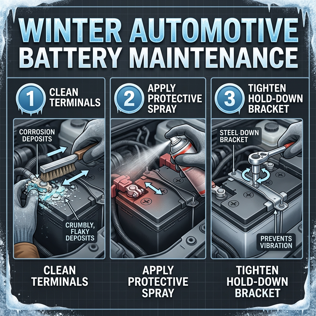 Three-step infographic for winter car battery maintenance: clean terminals, apply protective spray, and tighten bracket. (Representative image for illustration purposes only. Actual vehicle may vary based on trim and configuration.)