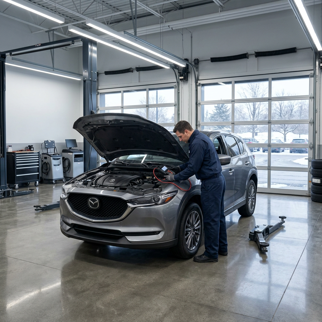 Mechanic in blue uniform holding a diagnostic tool connected to the engine of a grey Mazda SUV with open hood. (Representative image for illustration purposes only. Actual vehicle may vary based on trim and configuration.)