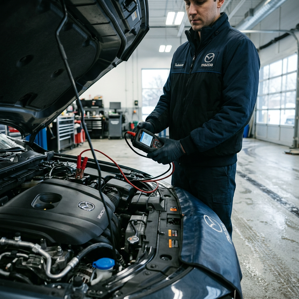 A Mazda technician wearing a service jacket tests a car battery using a handheld diagnostic tool under the open hood. (Representative image for illustration purposes only. Actual vehicle may vary based on trim and configuration.)