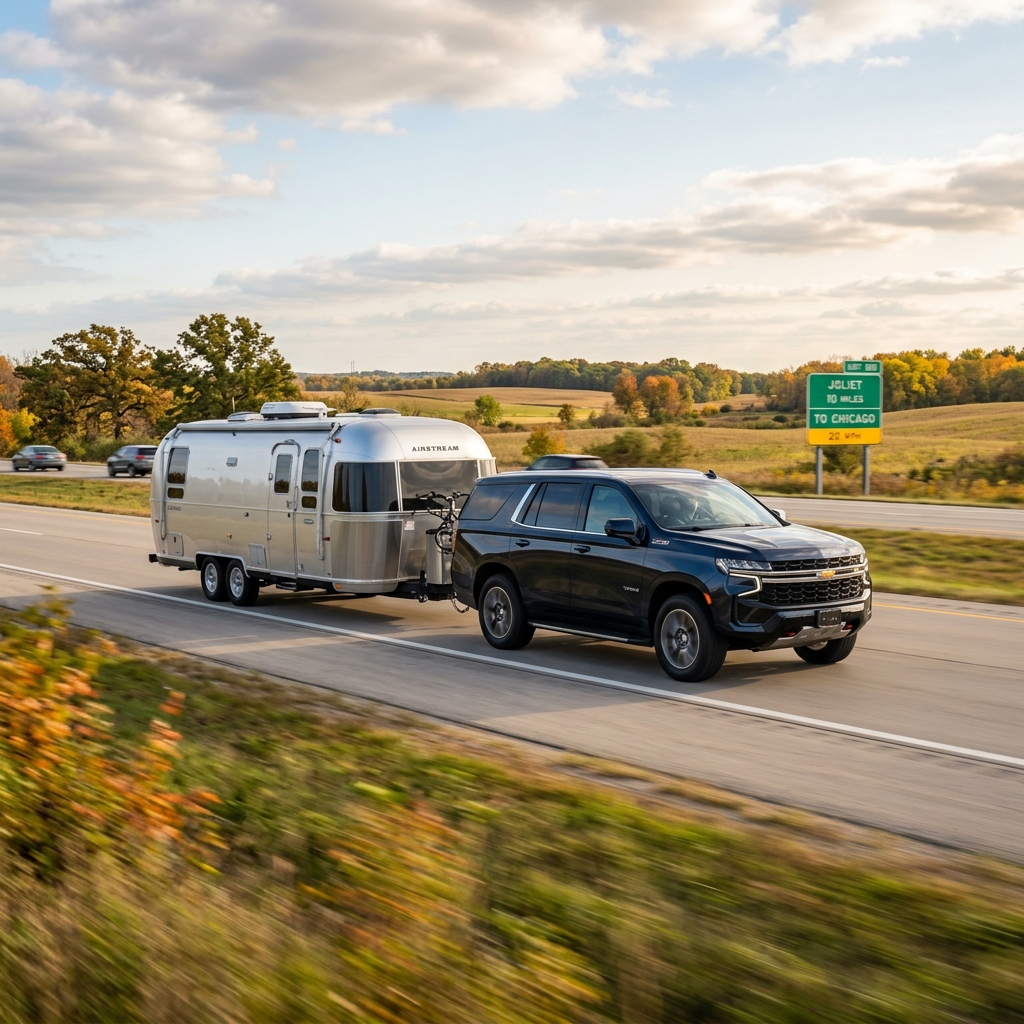 A dark Chevrolet SUV towing a silver Airstream travel trailer on a highway near Chicago. (Representative image for illustration purposes only. Actual vehicle may vary based on trim and configuration.)