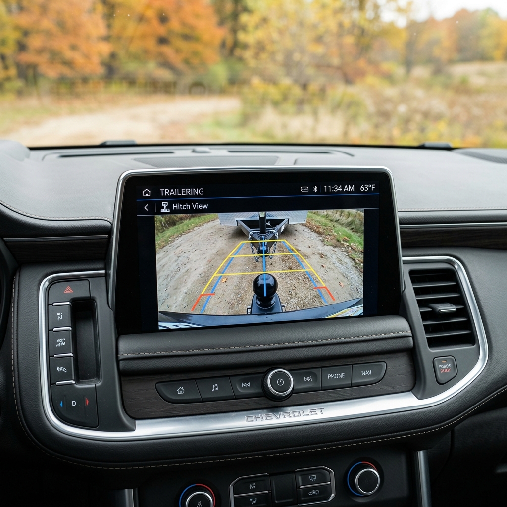 Chevrolet infotainment display showing Hitch View camera mode assisting with lining up a trailer hitch. (Representative image for illustration purposes only. Actual vehicle may vary based on trim and configuration.)
