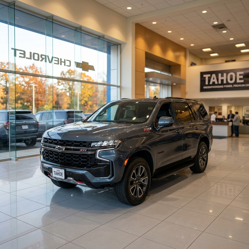 Dark grey Chevrolet Tahoe Z71 parked inside a modern car dealership showroom floor. (Representative image for illustration purposes only. Actual vehicle may vary based on trim and configuration.)