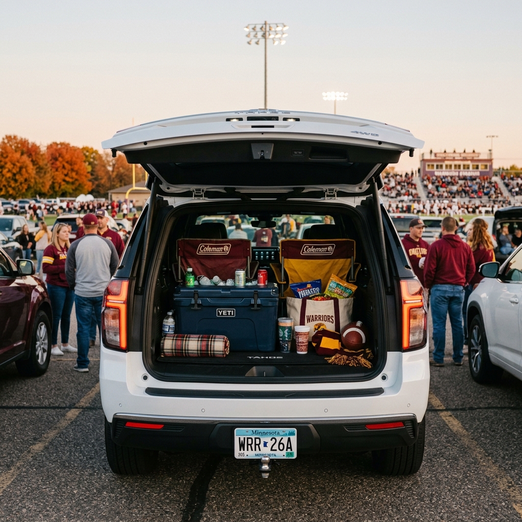 Open trunk of a white SUV packed with a YETI cooler, Coleman chairs, snacks, and a football for a tailgate. (Representative image for illustration purposes only. Actual vehicle may vary based on trim and configuration.)