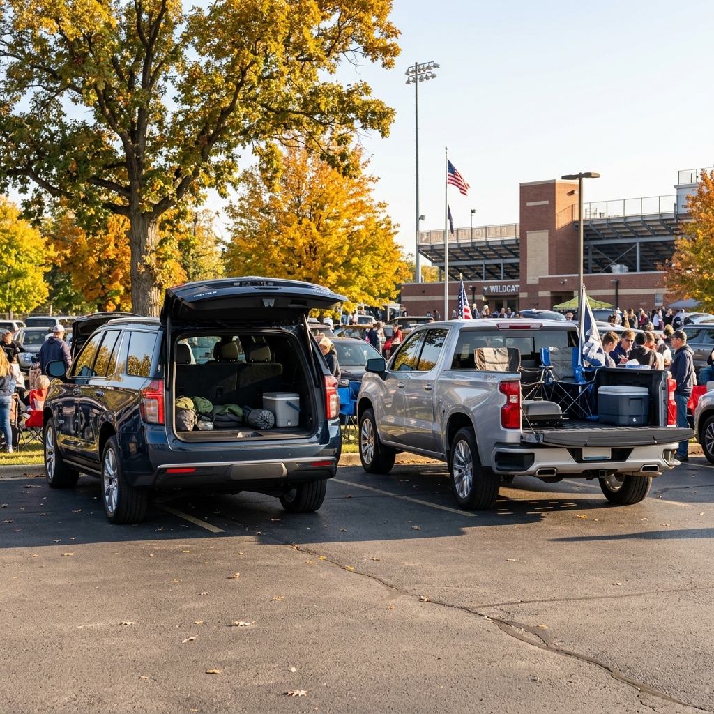 A dark blue SUV and silver pickup truck with open trunks set up for tailgating in a stadium parking lot in autumn. (Representative image for illustration purposes only. Actual vehicle may vary based on trim and configuration.)