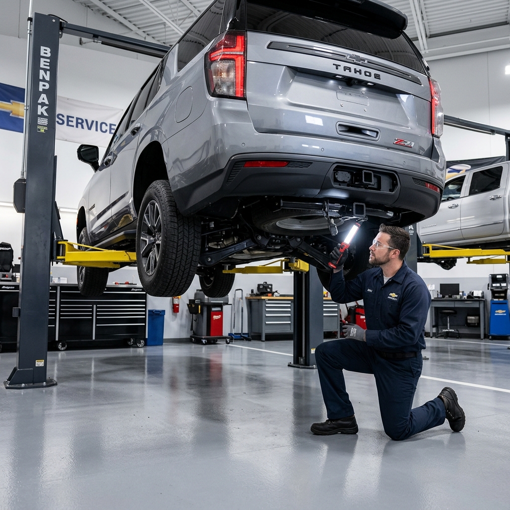 A mechanic kneeling underneath a silver Chevrolet Tahoe on a car lift in an auto service shop, holding a light. (Representative image for illustration purposes only. Actual vehicle may vary based on trim and configuration.)