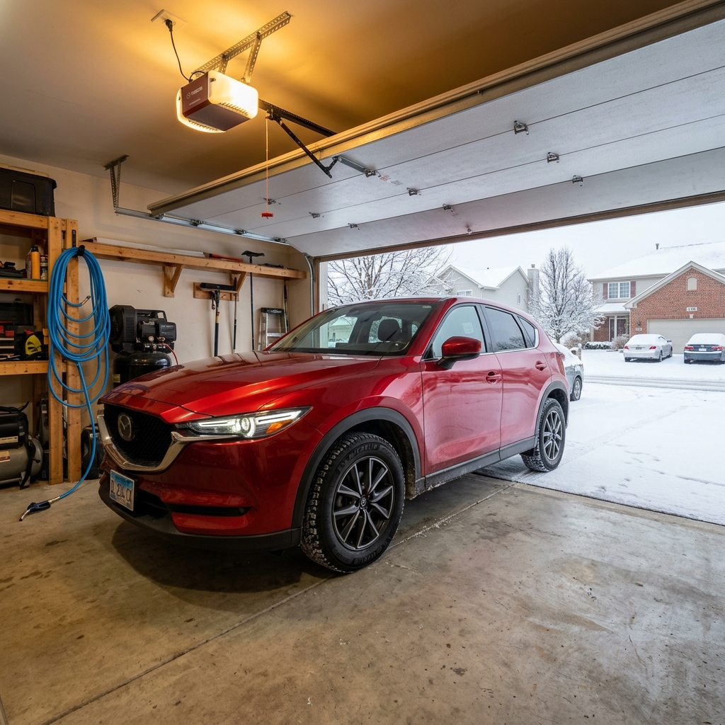 Red Mazda SUV parked inside an open garage on a snowy winter day with houses in the background. (Representative image for illustration purposes only. Actual vehicle may vary based on trim and configuration.)