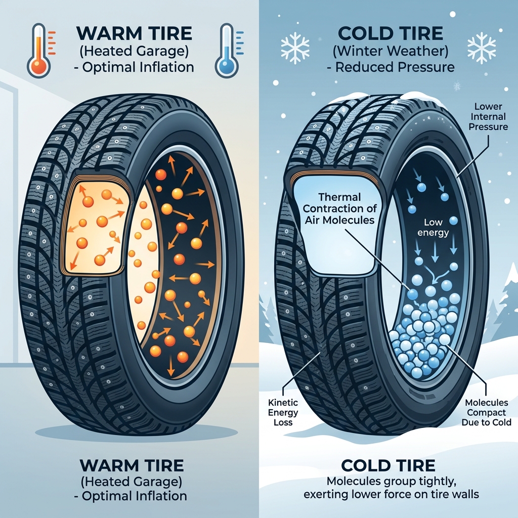 Diagram comparing air molecule behavior and internal pressure in a warm tire versus a cold winter tire. (Representative image for illustration purposes only. Actual vehicle may vary based on trim and configuration.)