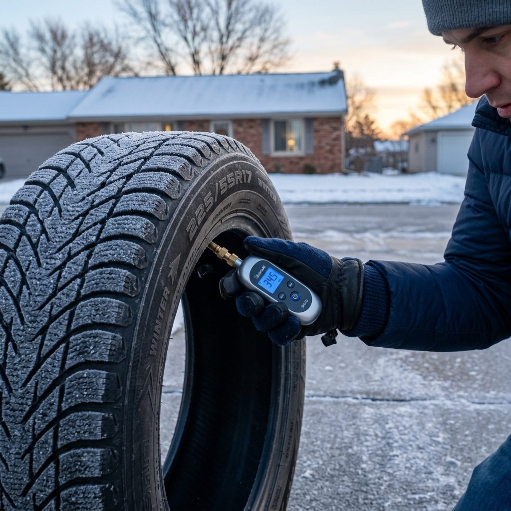 A man wearing winter gloves uses a digital gauge to check the air pressure on a snow-dusted tire. (Representative image for illustration purposes only. Actual vehicle may vary based on trim and configuration.)