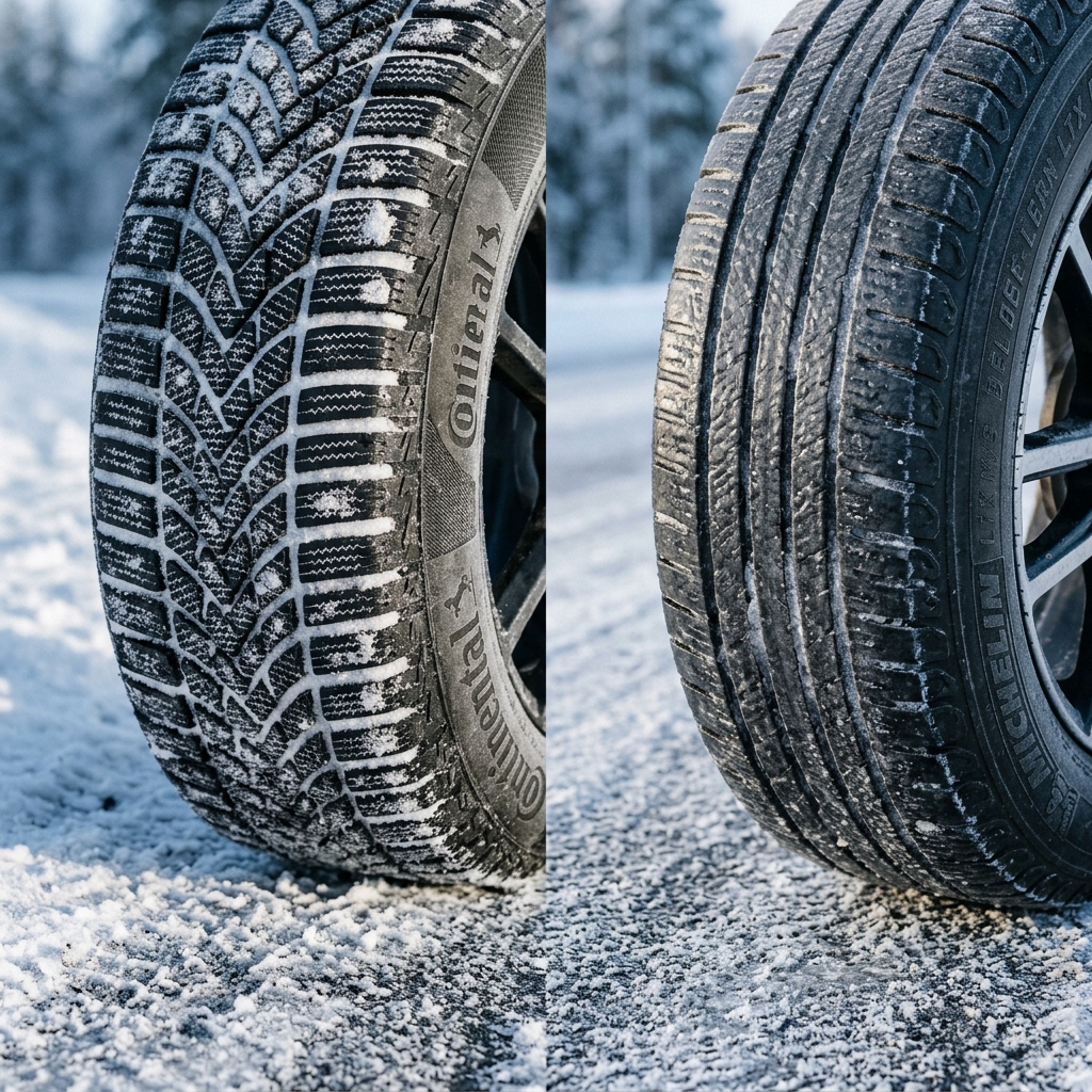 Side-by-side comparison of a Continental winter tire with deep siping and a Michelin summer tire on icy ground. (Representative image for illustration purposes only. Actual vehicle may vary based on trim and configuration.)