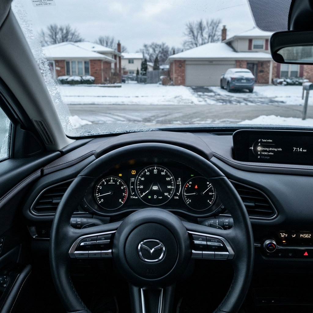 Driver's point-of-view inside a Mazda vehicle looking out at a snowy suburban street through a frosted windshield. (Representative image for illustration purposes only. Actual vehicle may vary based on trim and configuration.)