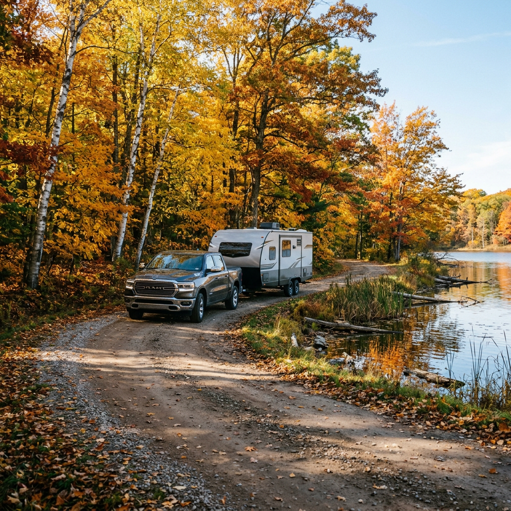 Dark grey Ram pickup truck towing a camper trailer along a dirt road by a lake surrounded by vibrant fall foliage. (Representative image for illustration purposes only. Actual vehicle may vary based on trim and configuration.)