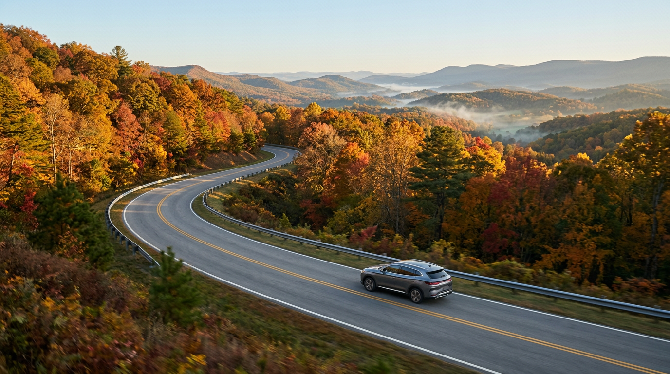 A grey SUV drives along a winding mountain highway surrounded by colorful autumn trees and misty valleys. (Representative image for illustration purposes only. Actual vehicle may vary based on trim and configuration.)