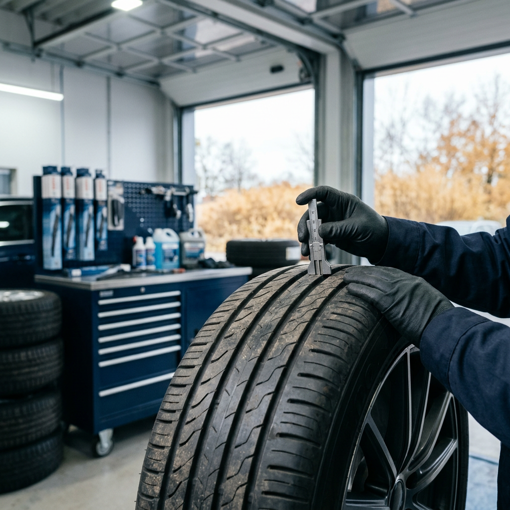 Mechanic using a metal gauge to measure the tread depth of a car tire inside an auto repair shop. (Representative image for illustration purposes only. Actual vehicle may vary based on trim and configuration.)