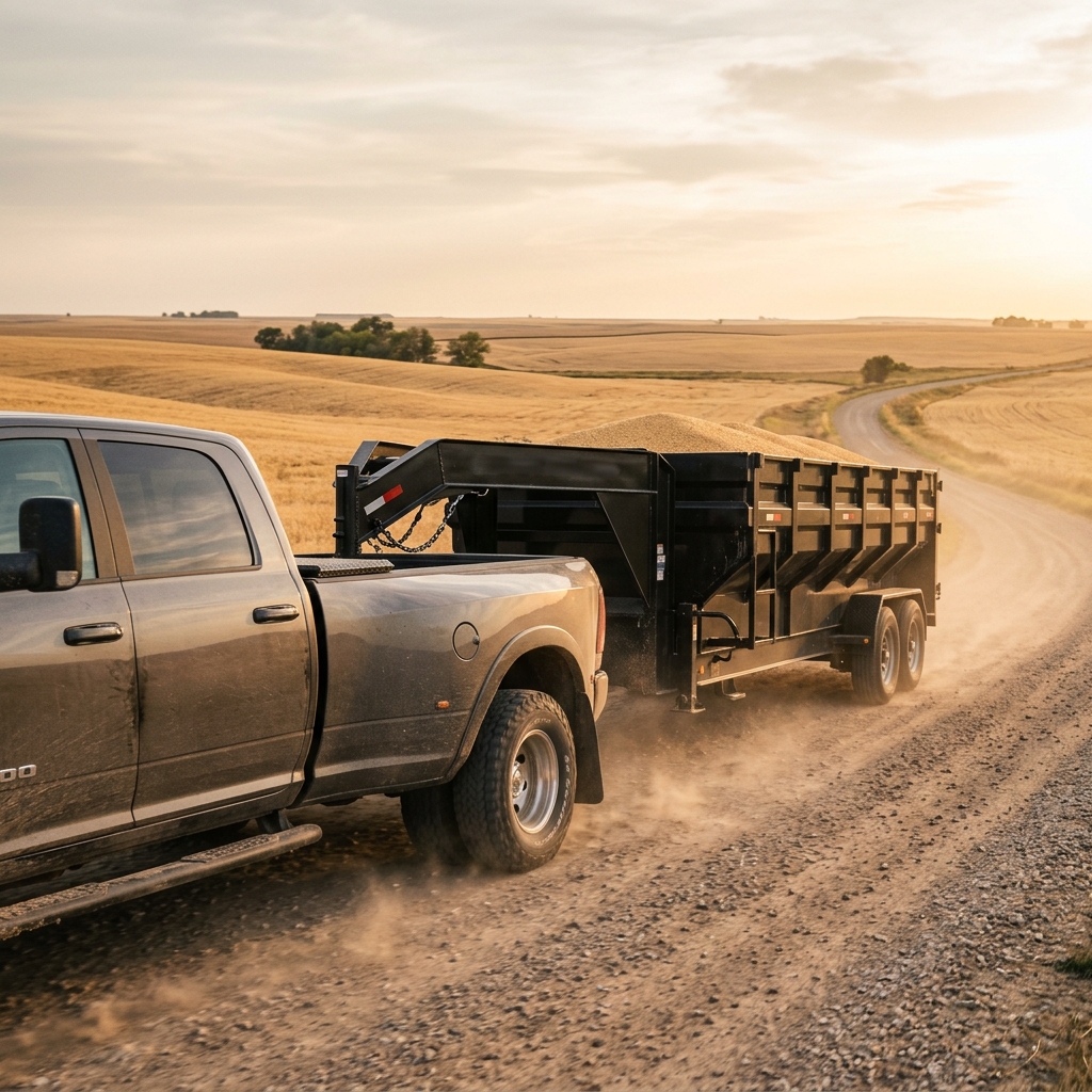 A pickup truck hauls a gooseneck trailer loaded with grain down a dusty dirt road through golden farmland fields. (Representative image for illustration purposes only. Actual vehicle may vary based on trim and configuration.)
