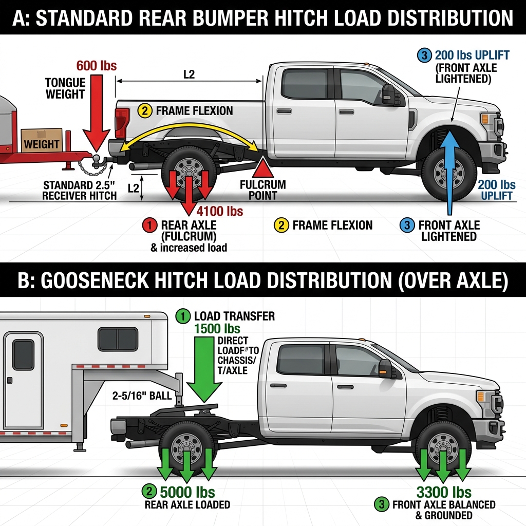 Diagram comparing physics and weight distribution between a standard rear bumper hitch and a gooseneck hitch. (Representative image for illustration purposes only. Actual vehicle may vary based on trim and configuration.)
