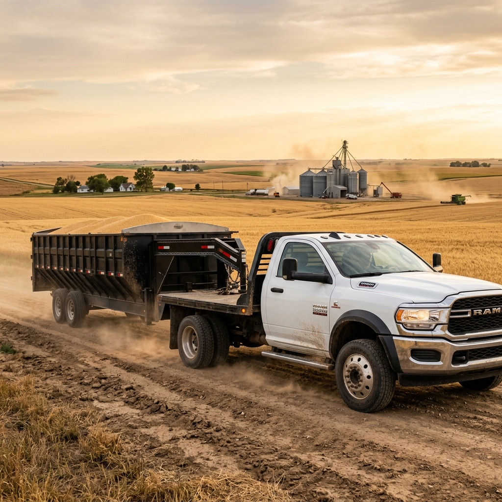 A white Ram flatbed truck towing a black trailer loaded with harvested grain down a dusty dirt farm road at sunset. (Representative image for illustration purposes only. Actual vehicle may vary based on trim and configuration.)