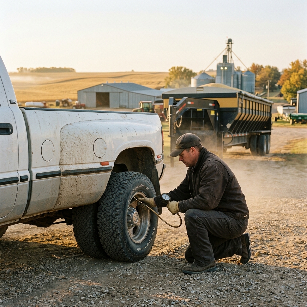 A farmer kneeling by a white dually pickup truck to check the tire pressure with a gauge on a rural farm. (Representative image for illustration purposes only. Actual vehicle may vary based on trim and configuration.)