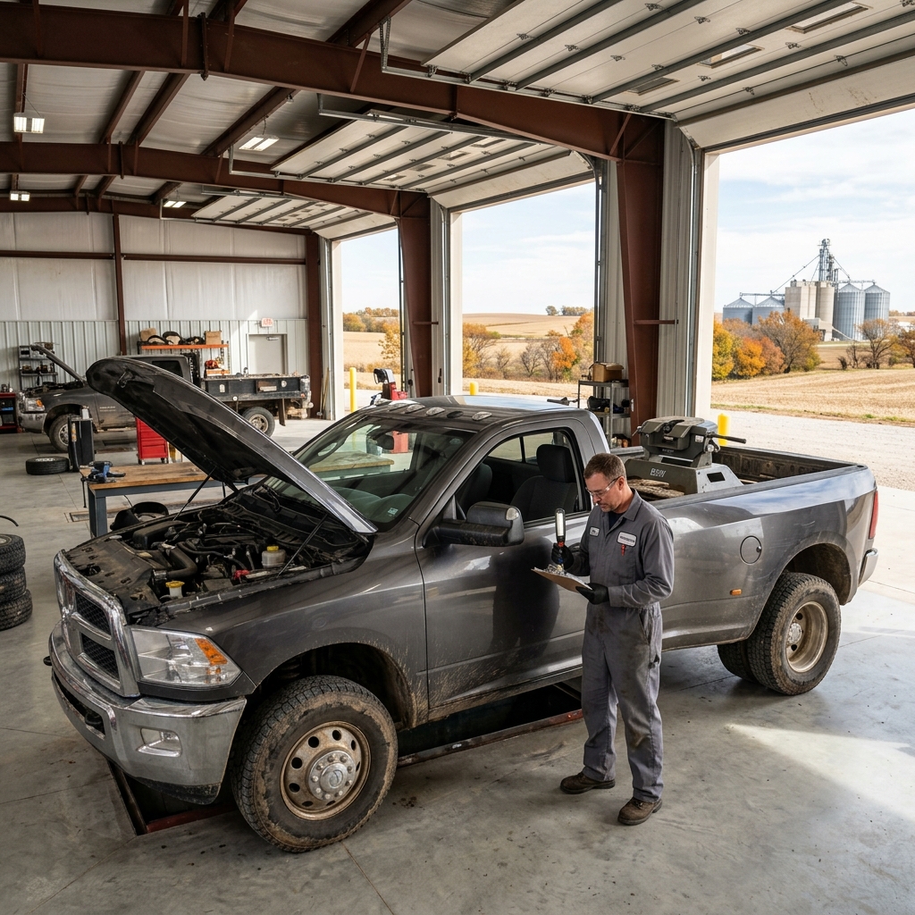 Mechanic writing on a clipboard while inspecting a dark gray pickup truck with the hood open inside a repair shop. (Representative image for illustration purposes only. Actual vehicle may vary based on trim and configuration.)