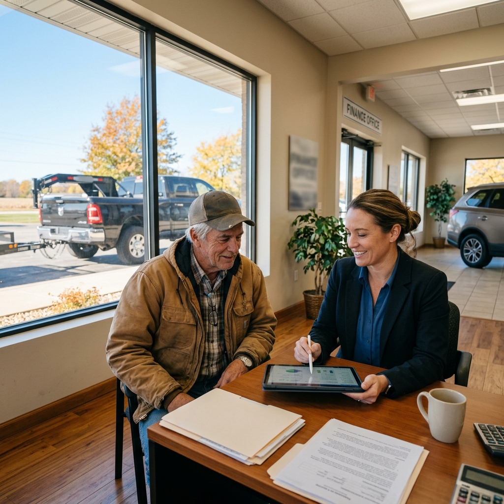 A finance manager shows digital documents on a tablet to a customer sitting across a desk inside a vehicle dealership. (Representative image for illustration purposes only. Actual vehicle may vary based on trim and configuration.)