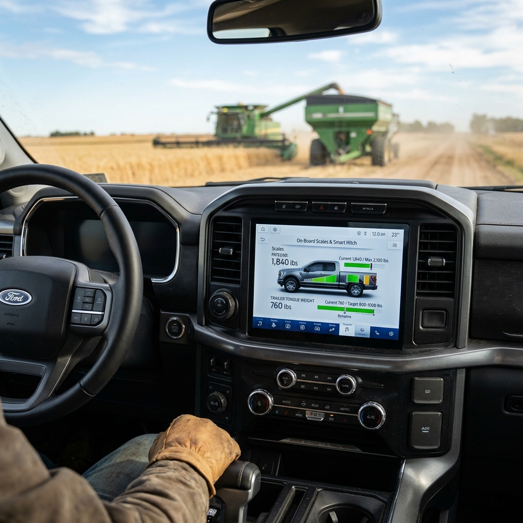 Inside a Ford truck showing an infotainment screen displaying on-board payload and trailer tongue weight metrics. (Representative image for illustration purposes only. Actual vehicle may vary based on trim and configuration.)