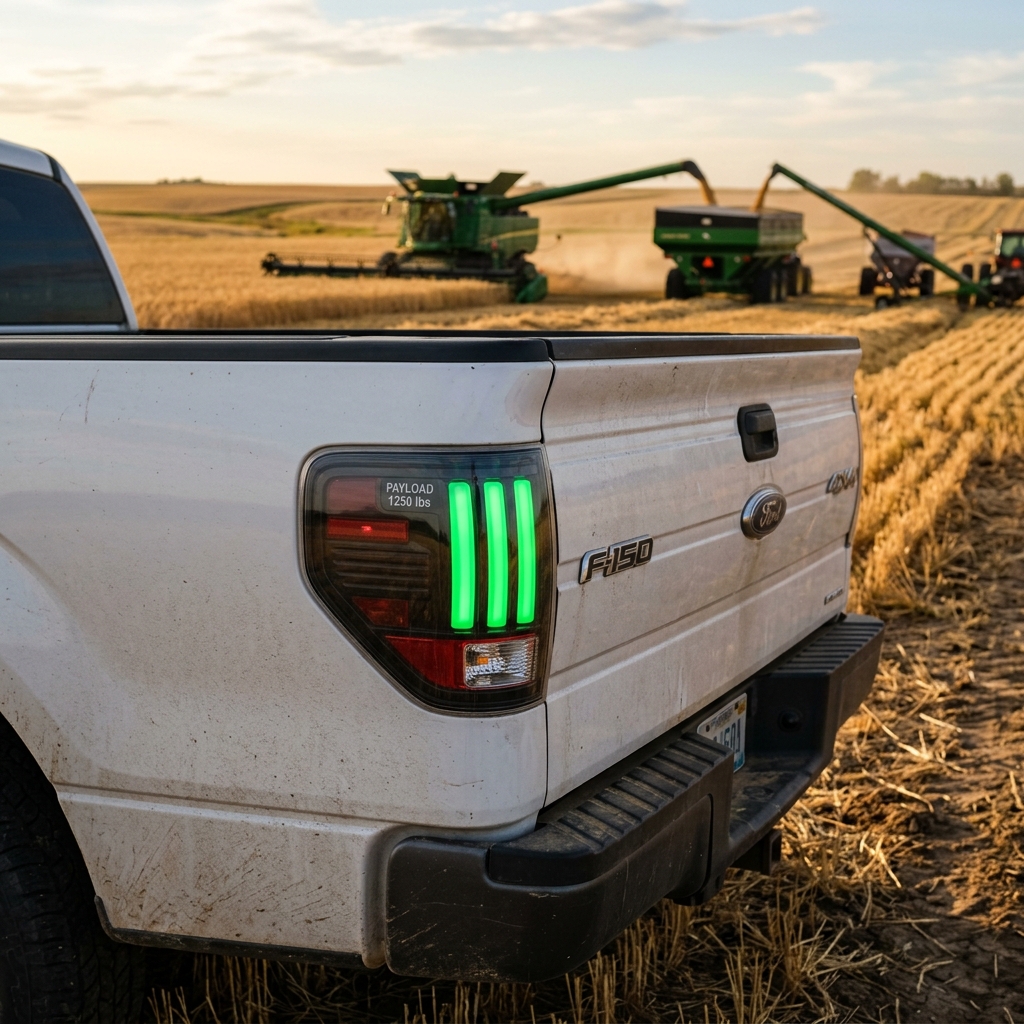 White Ford F-150 tailgate and tail light showing a green payload scale indicator in a harvest field. (Representative image for illustration purposes only. Actual vehicle may vary based on trim and configuration.)