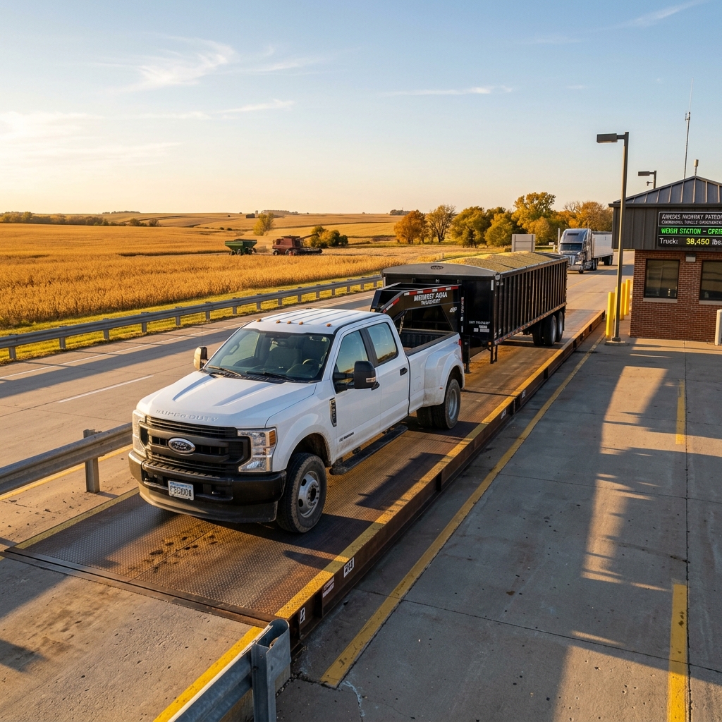 White Ford Super Duty pickup truck towing a black grain trailer on a scale at a weigh station. (Representative image for illustration purposes only. Actual vehicle may vary based on trim and configuration.)