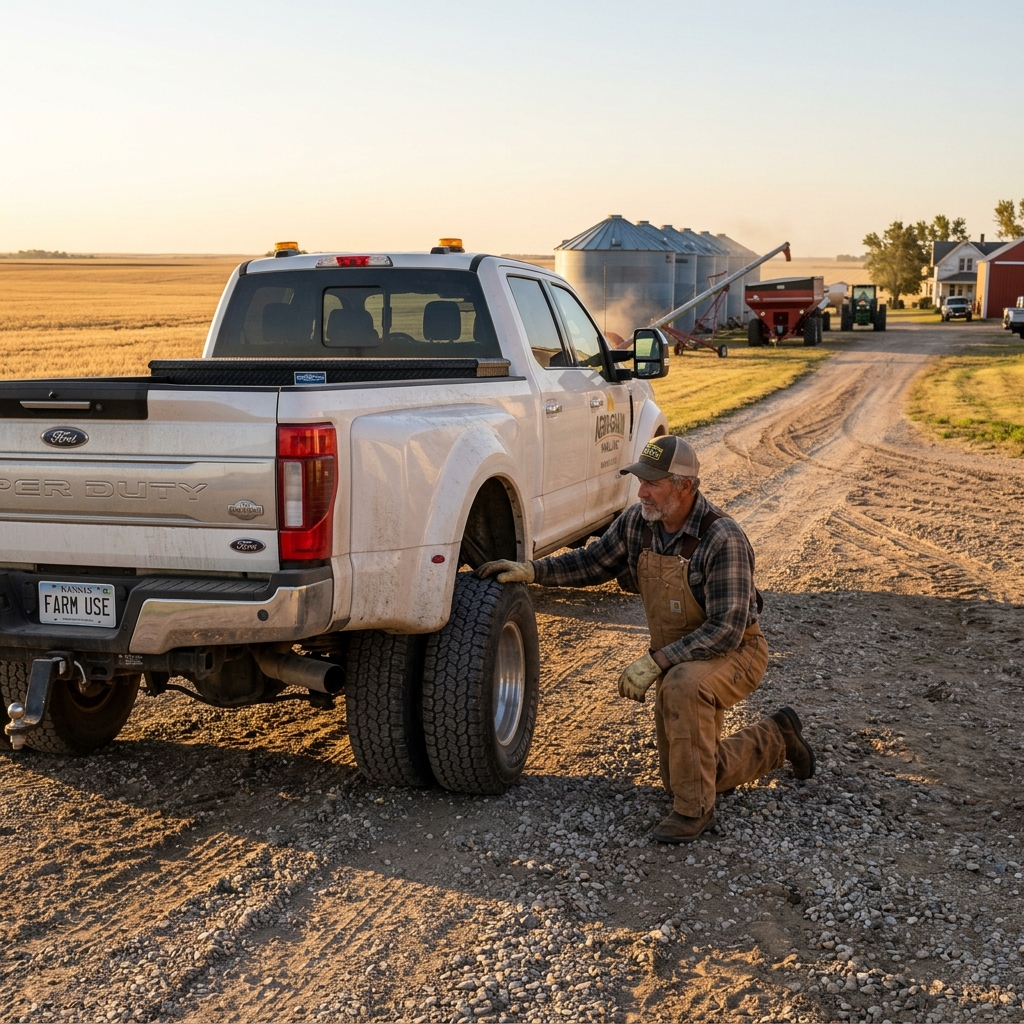 A farmer in overalls kneels next to a white Ford Super Duty dually truck to inspect a rear tire on a dirt road. (Representative image for illustration purposes only. Actual vehicle may vary based on trim and configuration.)