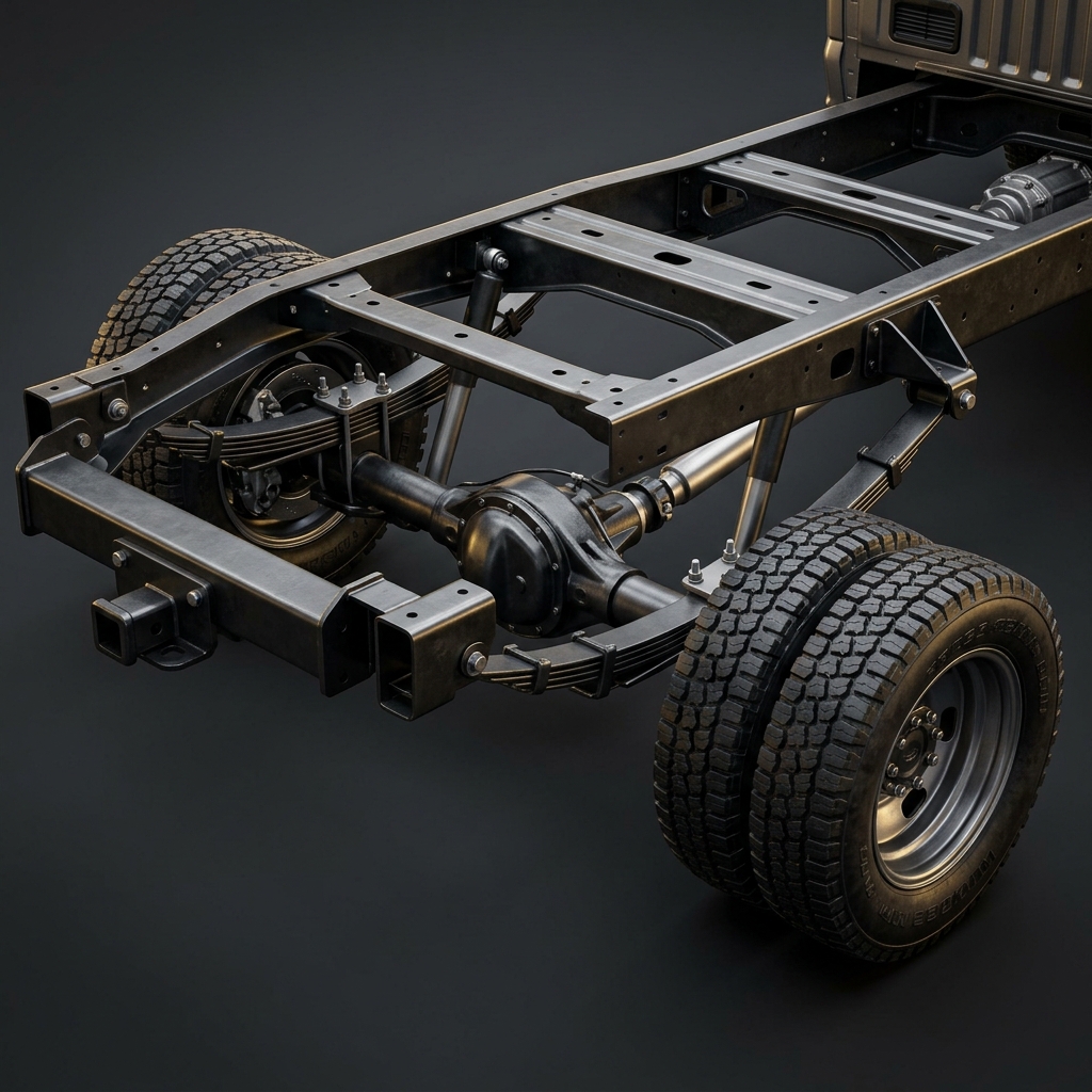 Detailed rear chassis of a heavy-duty truck with dual wheels, leaf spring suspension, and differential axle. (Representative image for illustration purposes only. Actual vehicle may vary based on trim and configuration.)