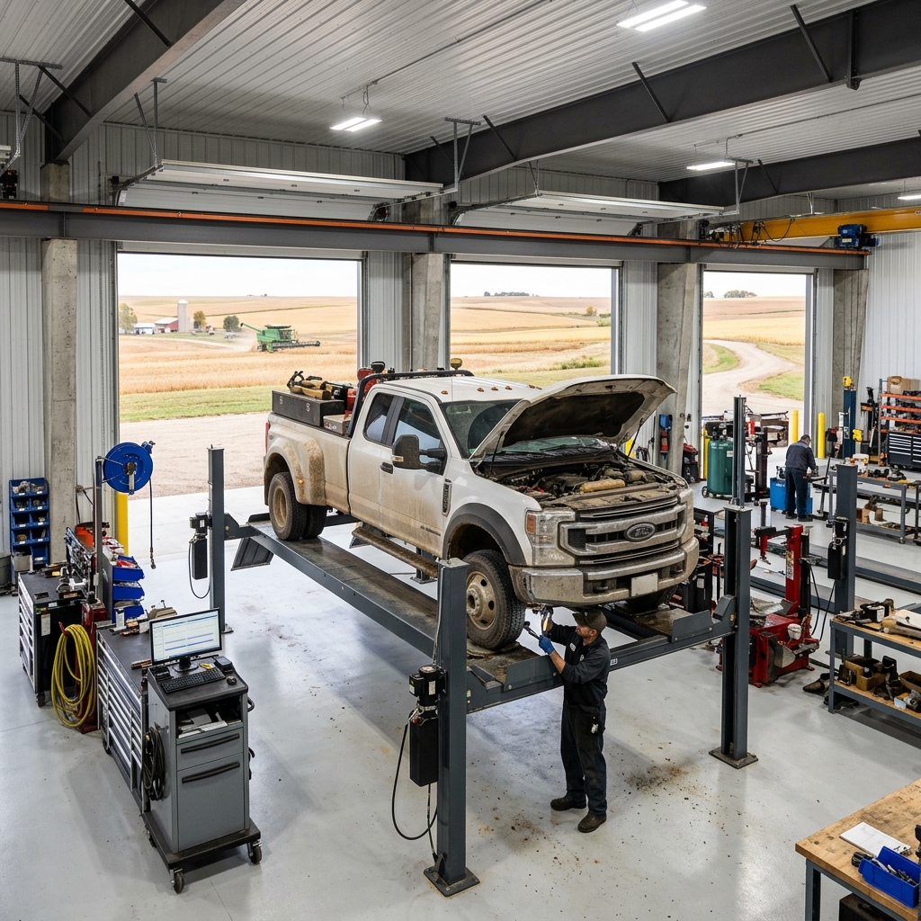 Mechanic working under a white pickup truck on a hydraulic lift inside a spacious farm equipment service shop. (Representative image for illustration purposes only. Actual vehicle may vary based on trim and configuration.)