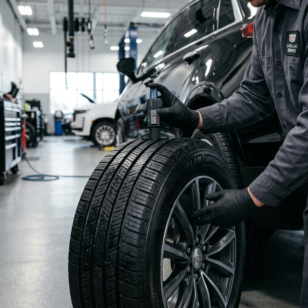 Cadillac service technician using a digital gauge to measure tread depth on a car tire in an auto repair shop. (Representative image for illustration purposes only. Actual vehicle may vary based on trim and configuration.)
