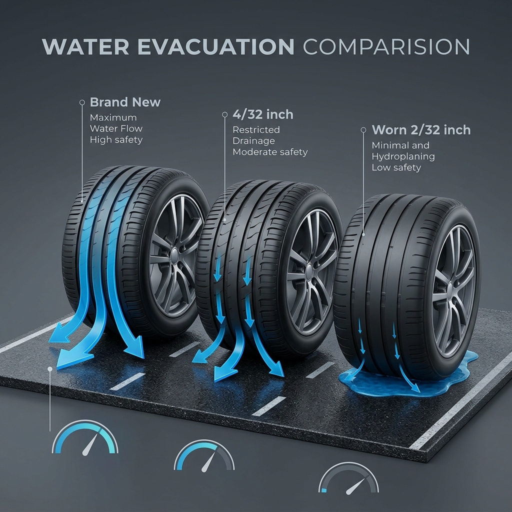 Diagram comparing water evacuation and safety levels of brand new, 4/32 inch, and worn 2/32 inch tires. (Representative image for illustration purposes only. Actual vehicle may vary based on trim and configuration.)