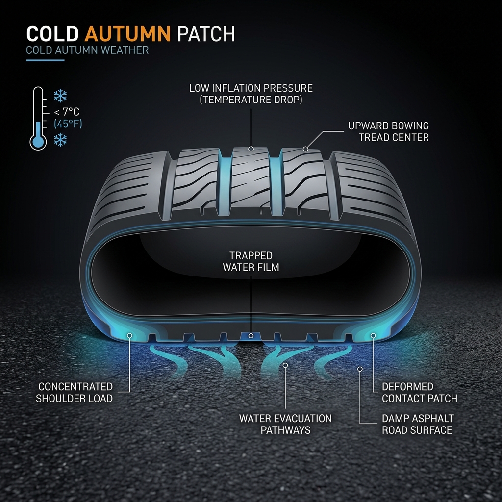 Diagram showing tire tread deformation and trapped water caused by low inflation pressure in cold weather. (Representative image for illustration purposes only. Actual vehicle may vary based on trim and configuration.)