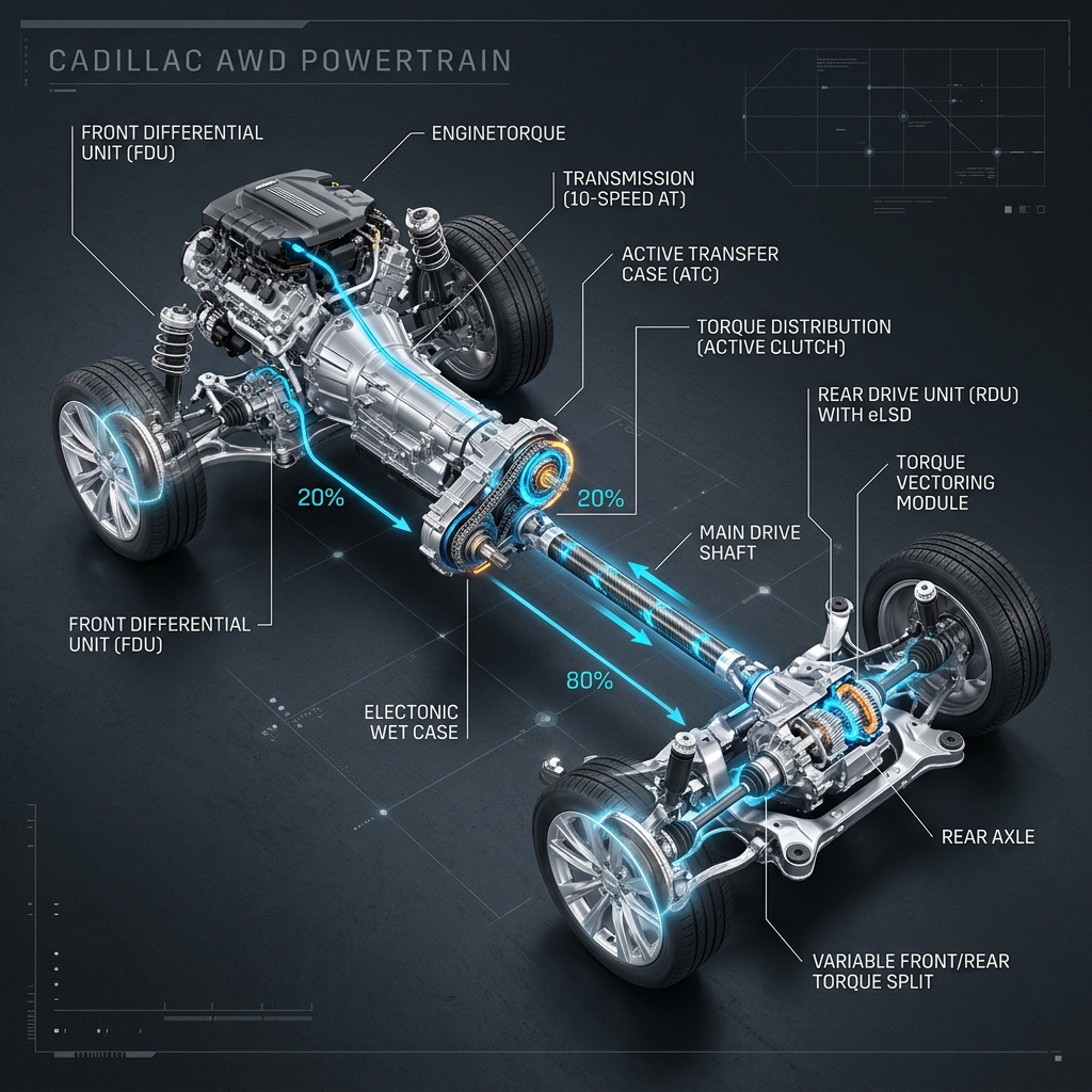 Technical diagram of a Cadillac AWD powertrain showing front and rear drive components and torque split. (Representative image for illustration purposes only. Actual vehicle may vary based on trim and configuration.)