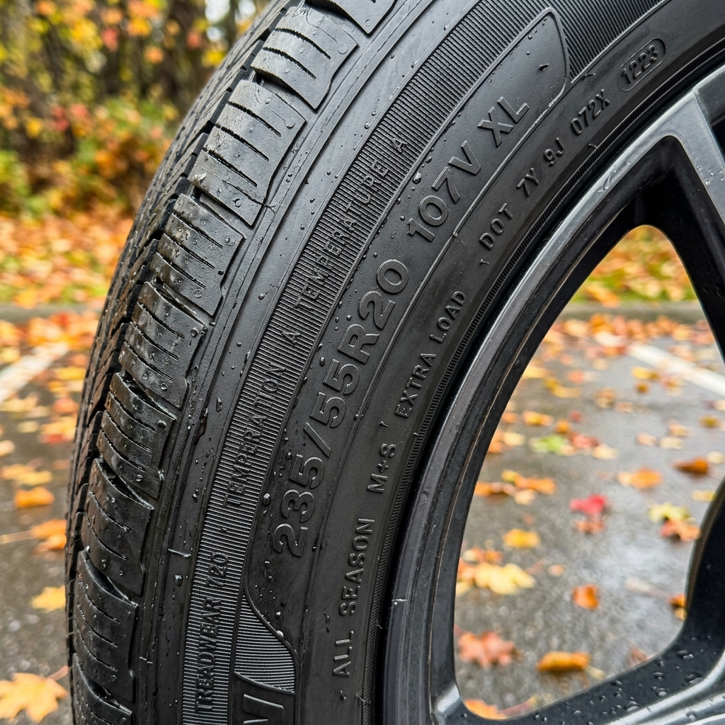 Close-up of a wet car tire sidewall displaying 235/55R20 size markings with autumn leaves in the blurred background. (Representative image for illustration purposes only. Actual vehicle may vary based on trim and configuration.)