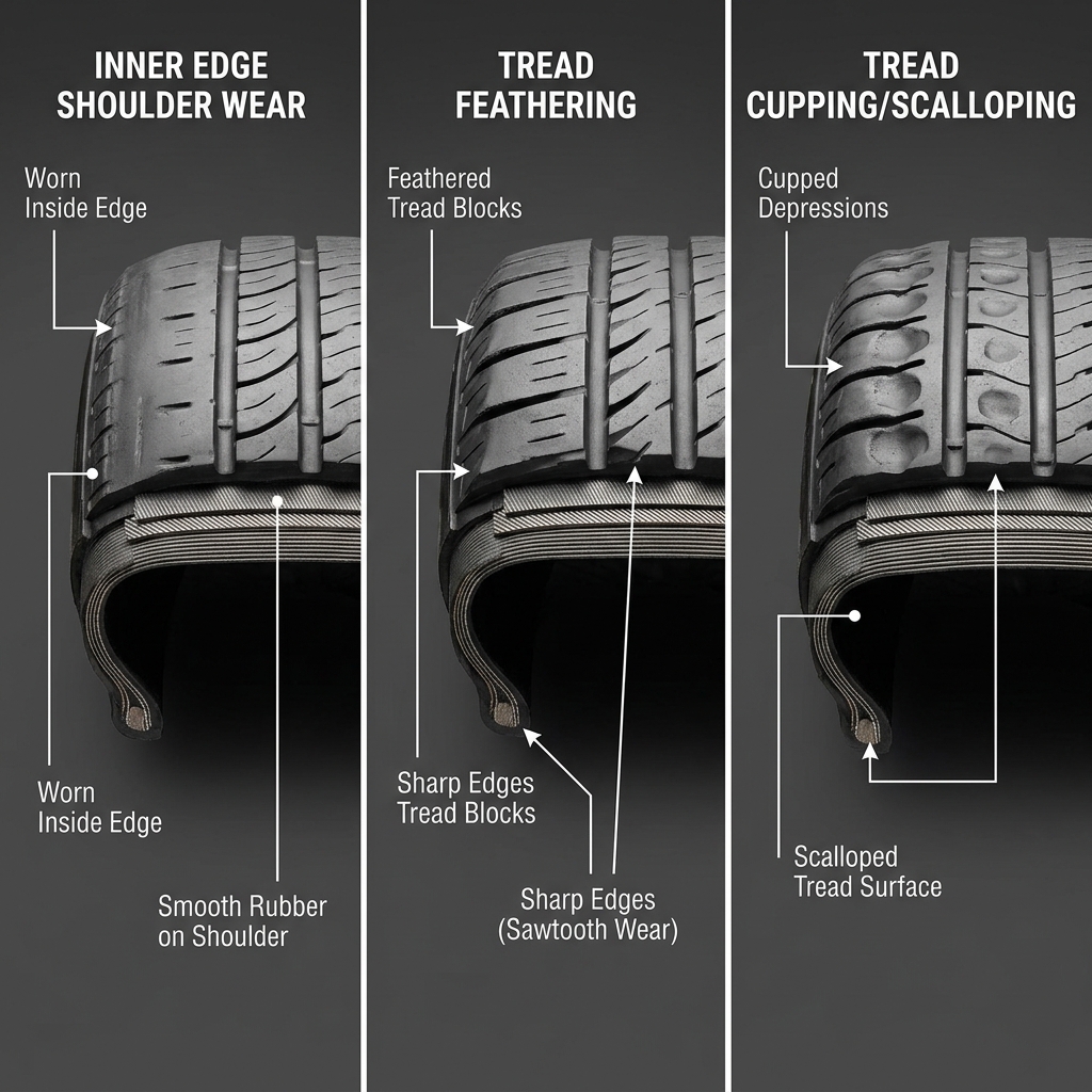Three tire cross-sections showing inner edge shoulder wear, tread feathering, and tread cupping patterns with labels. (Representative image for illustration purposes only. Actual vehicle may vary based on trim and configuration.)